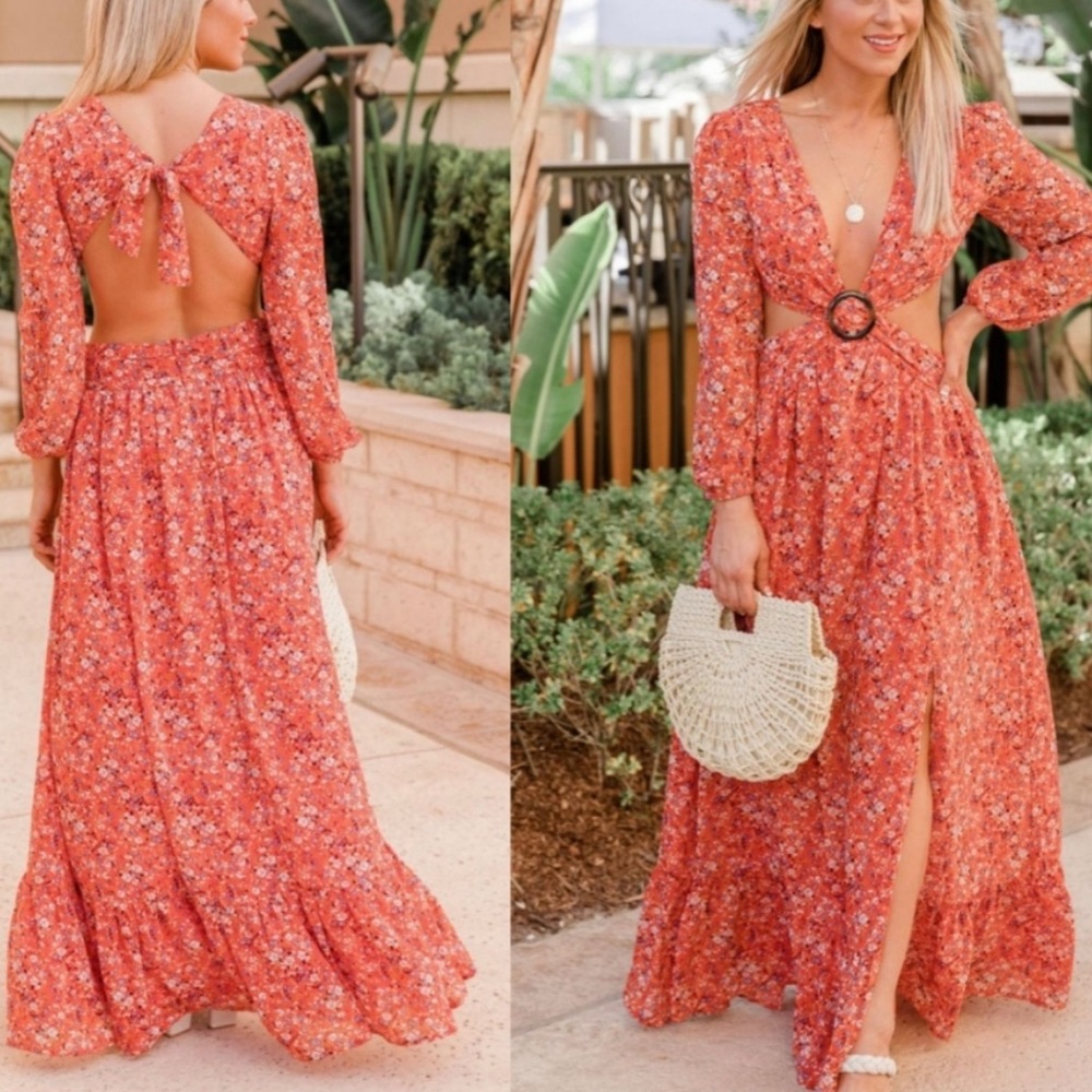 Depend On You Red Cutout Floral Ring Link Maxi Dress NWOT